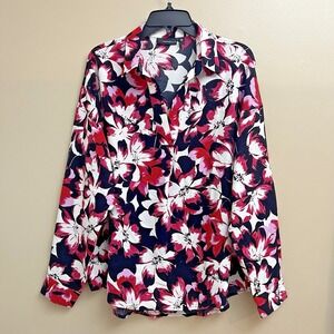 Rafaella  Fresh Bouquet Popover Shirt Womens L Black Pink Bright Floral‎